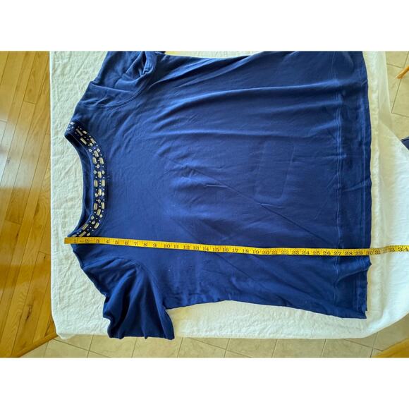 Susan Graver Knit Top Tunic Plus 2X Blue Embellished Pullover Artsy Crew Neck - Picture 7 of 7